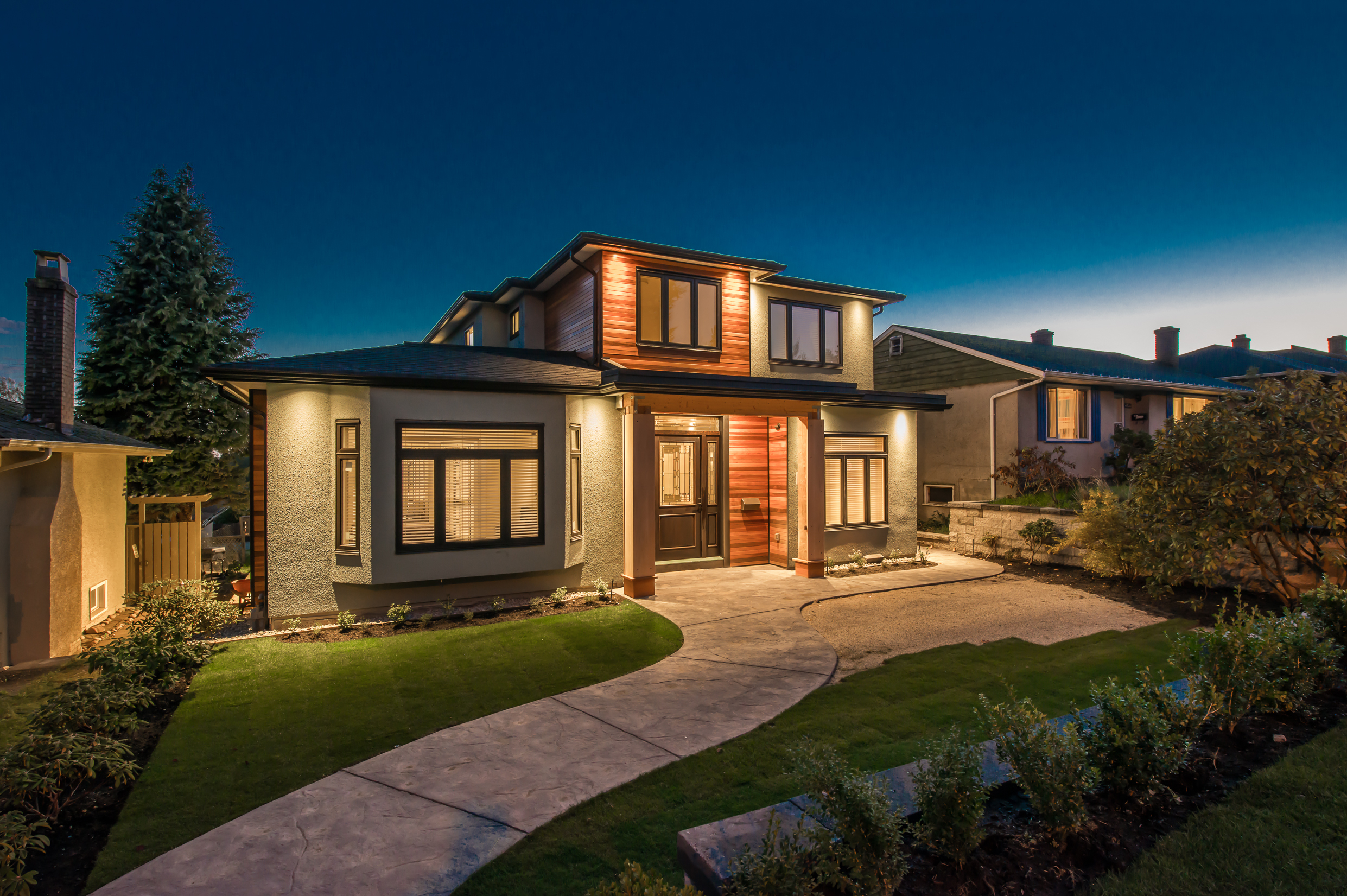 Big Luxury Modern Home at Dusk in Kelowna, British Columbia